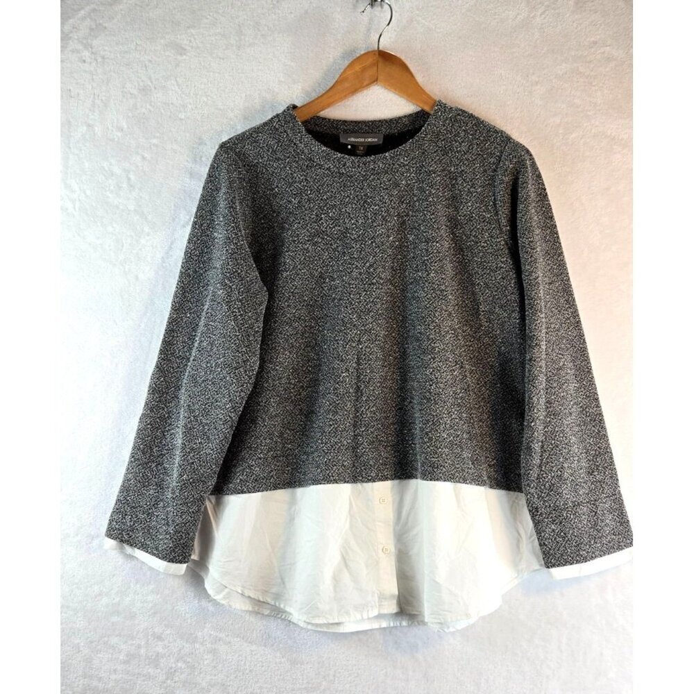Grey Tweed-Look Crewneck Sweater with White Shirt Hem